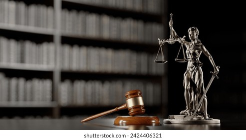 Legal Concept: Themis is the goddess of justice and the judge's gavel hammer as a symbol of law and order on the background of books. 3D Illustration