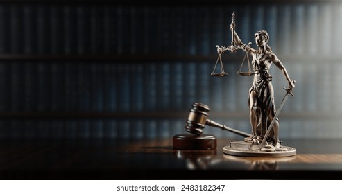 Legal Concept: Themis is the goddess of justice and the judge's gavel hammer as a symbol of law and order on the background of books. 3D Illustration