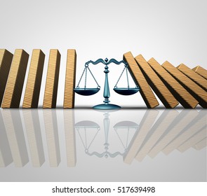 Legal Help And Lawyer Services Concept As A Group Of Falling Domino Pieces Being Supported By A Justice Scale As A Law Aid And Solving Problems Metaphor As A 3D Illustration.