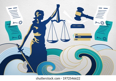Legal and law concept, Litigation illustration of justice in court, facebook cover.