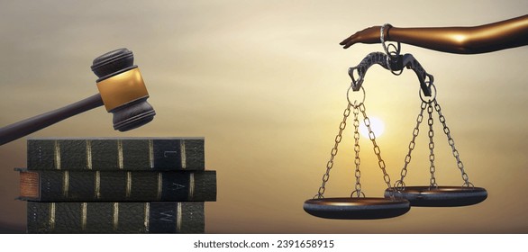 Legal law concept. Scales of Justice in Themis hand and gavel - wooden justice hammer with books on sunset sky background. 3D render illustration. - Powered by Shutterstock