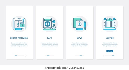 Legal Law Protection, Finance Safety Concept Illustration. UI, UX Onboarding Mobile App Page Screen Set With Line Justice And Courthouse Building, Safe Lawyer, Secret Testimony Abstract Symbols