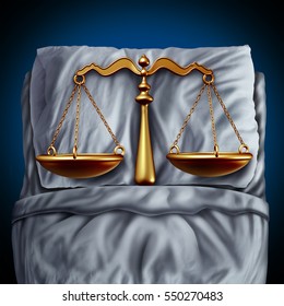 Legal Rest And Peace Of Mind Due To Confidence In The Law As A Justice Scale In Bed As A Metaphor And Symbol For Sex Or Sexual Crimes Or Consent Legislation With 3D Illustration Elements.