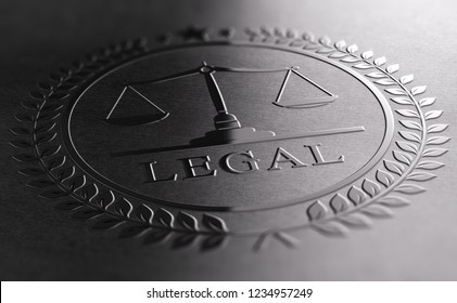 Legal sign design with scales of justice symbol printed on black background. 3D illustration