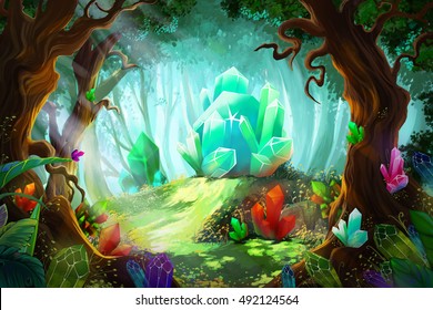 The Legend Of Diamond And Crystal Forest. Video Game's Digital CG Artwork, Concept Illustration, Realistic Cartoon Style Background