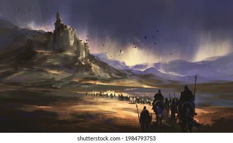 A legion marching towards the medieval castle, 3D illustration.