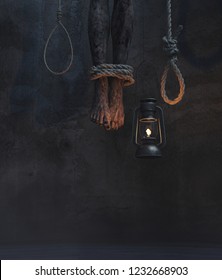 legs of dead body hanging in a dark room with hanging lantern  and rope noose,3d illustration