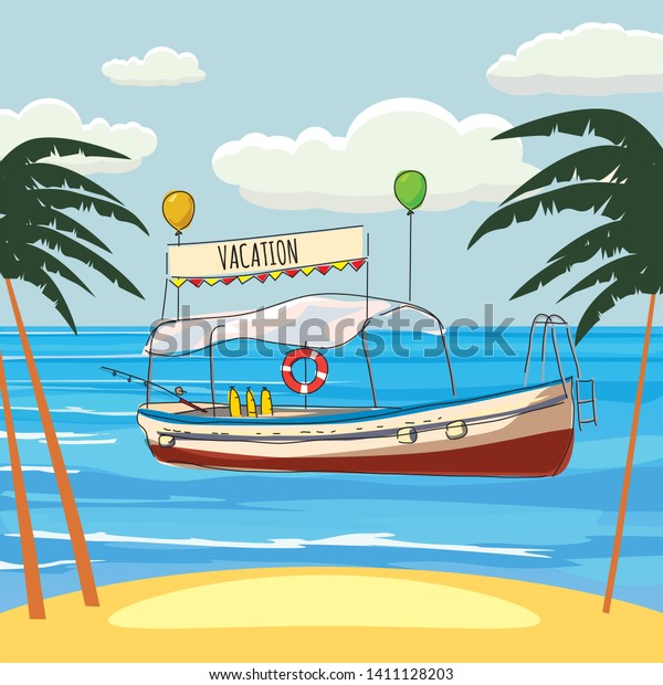 Leisure boat, palm, ocean, sea, banner,\
illustration, cartoon style,\
isolated
