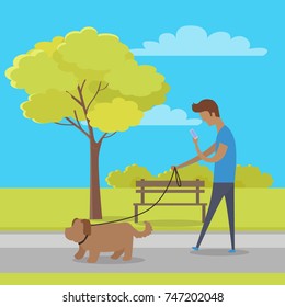 Leisure in city park . Man character watching in phone and walk his dog in public square flat . Walking pets in public places illustration for urban infrastructure concepts