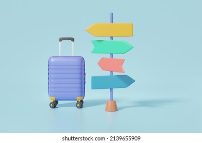 Leisure Touring Holiday Summer Concept. Purple Suitcase And Signpost Mockup Of Travel On Blue Background, Isolated, Cartoon Minimal. 3d Render Illustration