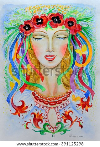 Lelya. Watercolor fantasy portrait. Slavic goddess. Symbol of spring, daughter of Lada