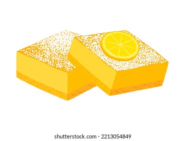 Lemon Bar Shortbread Sweet Yellow Pastry Illustration. Slice Of Fresh Lemon Cake Icon Isolated On A White Background. Lemon Pie With Powdered Sugar On Top Drawing