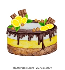 Lemon cake with chocolate, nuts and mint. Watercolor holiday clipart for design of postcards, greeting cards, invitations, menus, logos, fabric prints. Wedding, birthday, anniversary design.
 - Powered by Shutterstock