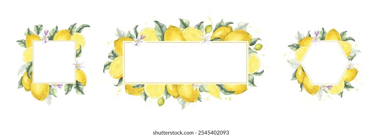 Lemon fruits, flowers, yellow splashes and leaves. Set hand drawn watercolor frame of Tropical citrus fruit. Wreath of lemon slices. Template for menu, package, cosmetic, textile, cards - Powered by Shutterstock