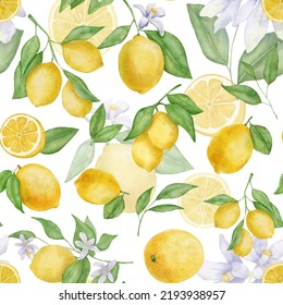 Lemon fruits with leaves and flower watercolor seamless pattern.