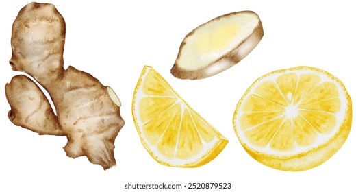 Lemon and ginger watercolor set. Hand drawn citrus and hot root on isolated white background. Clip art fruits and spices for hot drinks. Ideal for natural tea design and nutritionist blogs design - Powered by Shutterstock