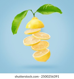 lemon slices with leaves on a blue background.