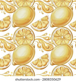 Lemon Splash Seamless Pattern Watercolor Illustration, Fresh Citrus Fruit and Lemon Juice Burst Repeating Background for Packaging and Textile Design