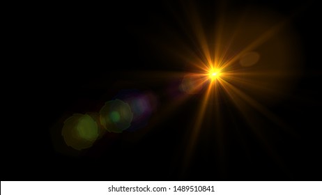 Lens Flare Light Over Black Background. Easy To Add Overlay Or Screen Filter Over Photos