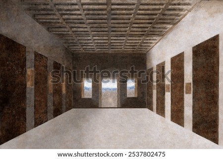 Leonardo da Vinci's empty gallery from The Last Supper famous painting with textured walls, wooden ceiling, and mountain view. Leonardo da Vinci's empty gallery from The Last Supper background.