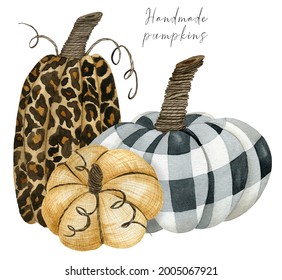 Leopard And Chechered Pumpkin Composition Clipart, Fall Arrangement For Thanksgiving Greeting Cards, Invitations, Handmade Decor Harvest Clip Art