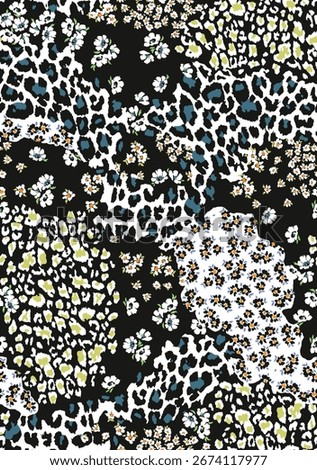 Leopard and ditsy floral patchwork seamless pattern. Modern mixed animal and flower print for fashion.