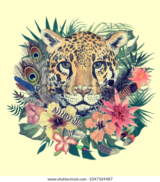 ヒョウの頭と葉 花 羽 手描きの水の色 ビンテージスタイルイラスト のイラスト素材