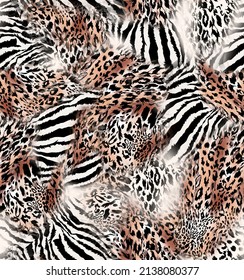 Leopard Mixed With Zebra Animal Skin Abstract Seamless Pattern Illustration. Fabric Motif Texture Repeated. Wild Composition Safari Elements Vintage. 