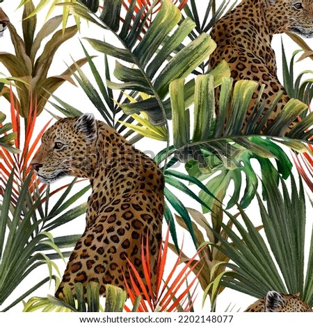 leopard pattern in tropical leaves picture gathers from four sides art drawing to use for textile