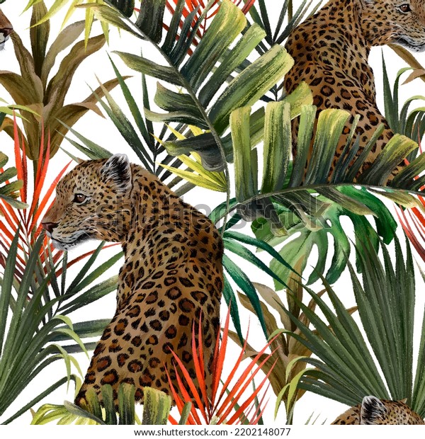 leopard pattern in tropical leaves picture gathers from four sides art. Botanical wallpaper for walls. 