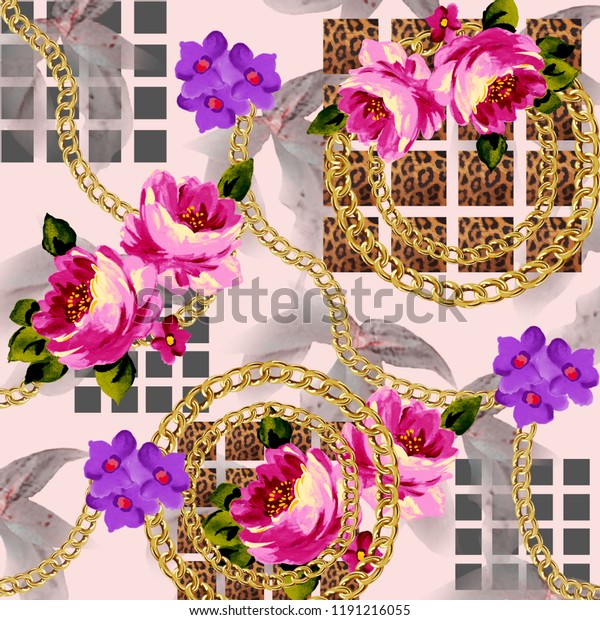 Leopard Print Animal Print Flowers Pattern Stok İllüstrasyon 1191216055