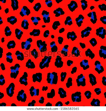 Leopard print pattern. Raster seamless background. Animal skin texture in retro 1980s - 1990s fashion style, trendy neon colors, red, blue and black. Vibrant pop art pattern. Bright repeat design
