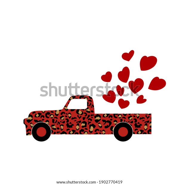 Leopard print truck with hearts. The leopard print\
truck will carry the hearts. Valentine\'s Day. Leopard print truck.\
Red hearts.\
Love.