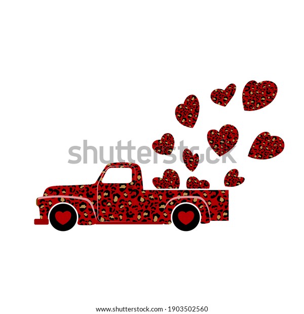 Leopard print truck with leopard print hearts. The\
leopard print truck will carry hearts. Valentine\'s Day. Leopard\
print hearts.\
Love.