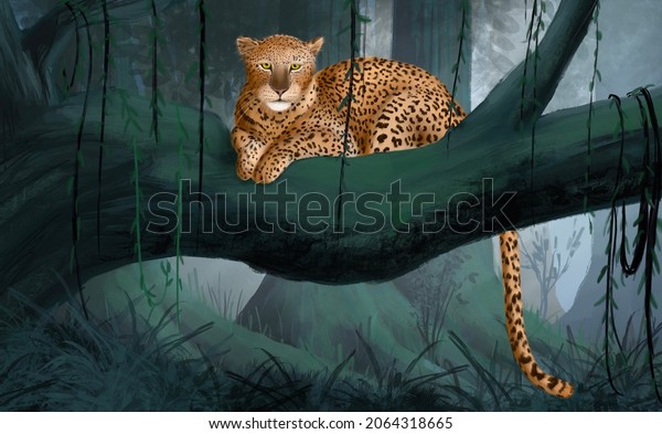 Leopard. Rainforest, jungle. Watercolor illustration forest. Interior wallpaper mural. 