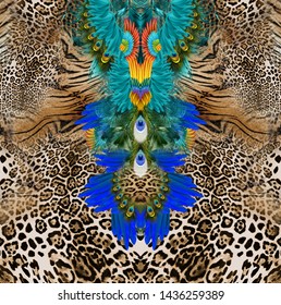 Leopard and tiger texture background with feathers pattern, caftan and dresses pattern