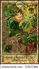 Leprechaun. King Of Pentacles. Fantasy Creatures Tarot Full Deck. Minor Arcana. Hand Drawn Graphic Illustration, Colorful Painting With Occult Symbols. Halloween 
 Or St. Patricks Day Background