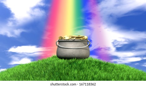 A leprechaun pot filled with gold coins highlighted by a rainbow on a regular green hill with a blue sky background