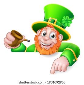 A Leprechaun St Patricks Day cartoon character holding a pipe peeking over a sign and pointing at it.