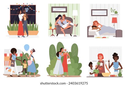 Lesbian couple lifestyle set illustration. Cartoon homosexual lgbt people eating and cooking food at home, hug adopted child, girls characters dancing together romantic dance isolated on white - Powered by Shutterstock