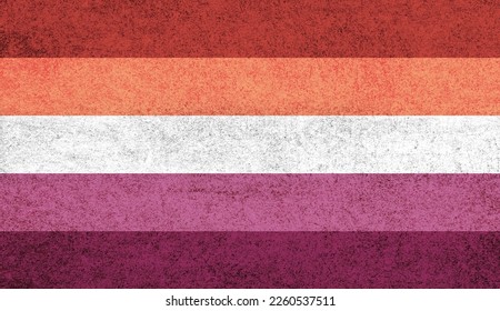 Lesbian Flag - Five-stripes Variant of the Orange-pink Lesbian Flag - Colorful Background with Gritty Texture - Powered by Shutterstock