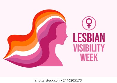 Lesbian Visibility Week poster illustration. Lesbian pride flag symbol. Female head in profile with long rainbow hair icon. Template for background, banner, card. Important day - Powered by Shutterstock