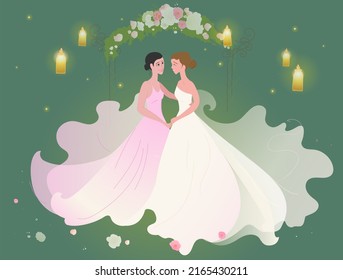 Lesbian wedding. Happy lesbian couple. Floral wedding arch and candle lanterns. Pink and white wedding dress. illustration for wedding invitations and LGBT articles. - Powered by Shutterstock