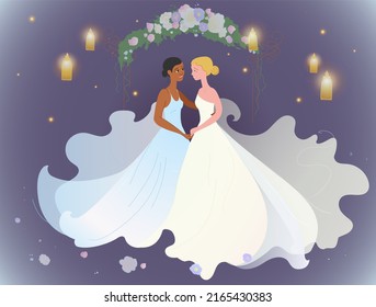  Lesbian wedding. Happy lesbian couple. Floral wedding arch and candle lanterns. light-skinned and dark-skinned women. Blue white dresses. Illustration for wedding invitations and LGBT articles - Powered by Shutterstock