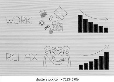 less work and more relax: groups of mixed leisure and office-related objects next to bar graphs 