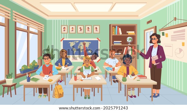 Lesson School Kids Listening Answering Teachers Stock Illustration ...