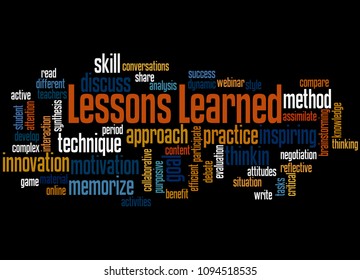 Lessons learned word cloud concept on black background.