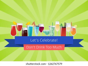 Lets celebrate don't drink too much set of drinks cocktails wine and champagne beverages in glasses raster illustrations on green background with rays - Powered by Shutterstock