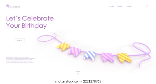 Let's Celebrate Your Birthday Isometric Landing Page. Concept Of Holiday Management, Event Service Of Anniversary Celebration, Kids Bday Party With Colorful Garland, Flags And Ribbon. 3D Illustration