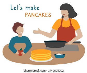 Let's make pancakes. A woman with a child makes pancakes for Shrovetide. Mom and son cook together. Hand drawn mother and baby in the kitchen. Flat style. Isolated on a white background.  - Powered by Shutterstock